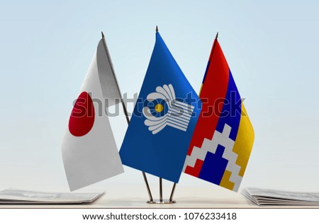 Flags of Japan CIS and Nagorno-Karabakh. Cloth of flags is 3d rendering, the rest is a photo.