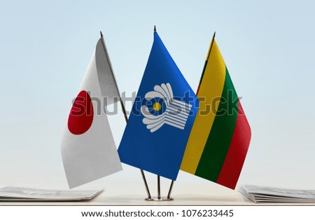 Flags of Japan CIS and Lithuania. Cloth of flags is 3d rendering, the rest is a photo.