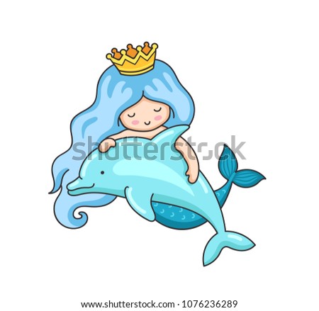 Mermaid with wavy blue hair and dolphin. Vector illustration.