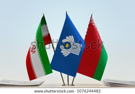 Flags of Iran CIS and Belarus. Cloth of flags is 3d rendering, the rest is a photo.