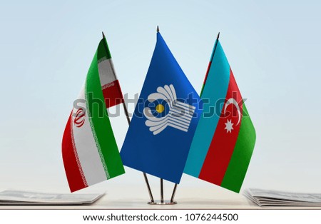Flags of Iran CIS and Azerbaijan. Cloth of flags is 3d rendering, the rest is a photo.