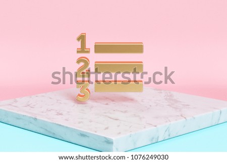 Golden Enumeration List Icon on the Candy Background . 3D Illustration of Golden Direction, Learning, List, Numbered, Process, School Icons on Pink and Blue Color With White Marble.