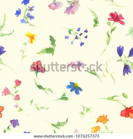 Watercolor wildflowers seamless pattern on beige. Hand drawing artistic summer or spring illustration with little soft colorful blooming flower background. Royalty-Free Stock Photo #1076257373