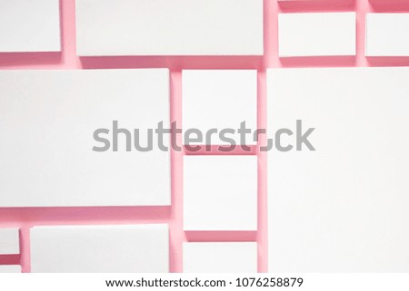 Modern soft pink stylish working space office. Mock up for branding, graphic designers presentations and portfolios, Blank white stationery, blank notepad, letterhead, business card. Flat lay top view