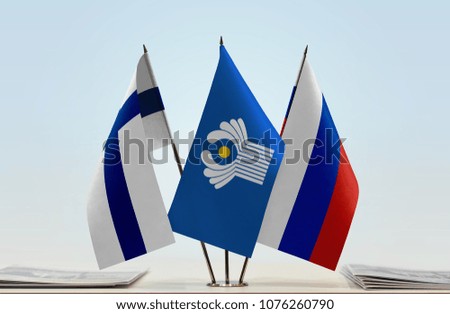Flags of Finland CIS and Russia. Cloth of flags is 3d rendering, the rest is a photo.