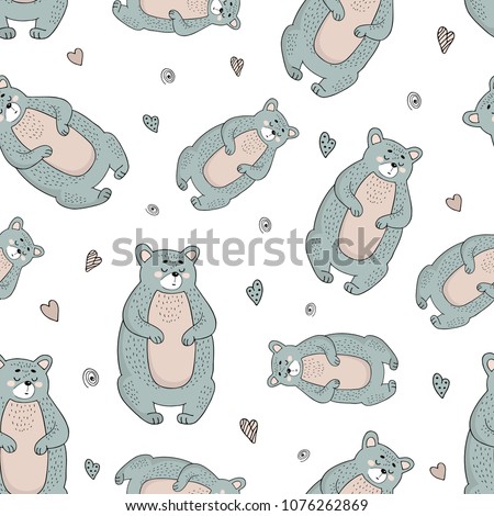 decorative vector pattern of blue and pink hearts and bears on white background