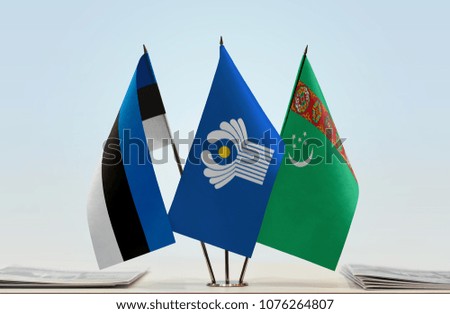 Flags of Estonia CIS and Turkmenistan. Cloth of flags is 3d rendering, the rest is a photo.