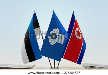 Flags of Estonia CIS and North Korea. Cloth of flags is 3d rendering, the rest is a photo.