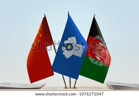 Flags of China CIS and Afghanistan. Cloth of flags is 3d rendering, the rest is a photo.