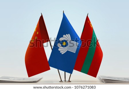 Flags of China CIS and Transnistria. Cloth of flags is 3d rendering, the rest is a photo.