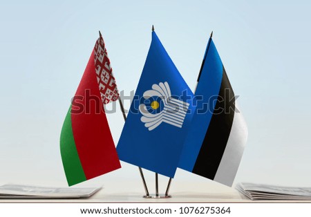 Flags of Belarus CIS and Estonia. Cloth of flags is 3d rendering, the rest is a photo.