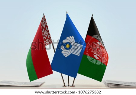 Flags of Belarus CIS and Afghanistan. Cloth of flags is 3d rendering, the rest is a photo.