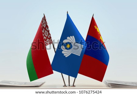 Flags of Belarus CIS and Mongolia. Cloth of flags is 3d rendering, the rest is a photo.