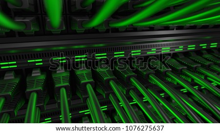 Close-up view of modern internet network switch with plugged ethernet cables. Blinking green lights on internet server.   Royalty-Free Stock Photo #1076275637