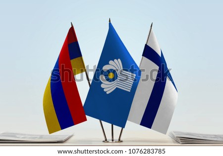 Flags of Armenia CIS and Finland. Cloth of flags is 3d rendering, the rest is a photo.