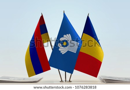 Flags of Armenia CIS and Romania. Cloth of flags is 3d rendering, the rest is a photo.
