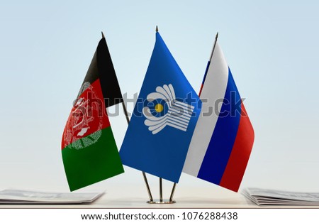 Flags of Afghanistan CIS and Russia. Cloth of flags is 3d rendering, the rest is a photo.