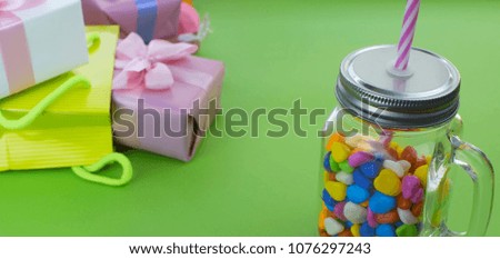 Banner Festive composition set of gift boxes with balls candy cocktail materials. Top view copy space for your flat lay text