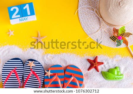 May 21st. Image of may 21 calendar with summer beach accessories. Spring like Summer vacation concept