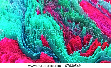 Abstract colorful background of 3d pixels. Topography from cubic forms symbolizing a large amount of information. The concept of an information-rich world. Rendering polygonal shape.