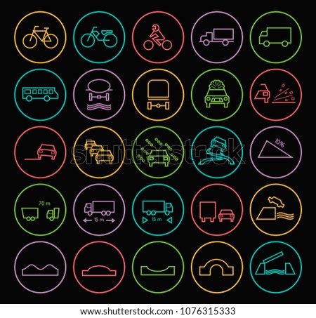 Set of Quality Universal Standard Minimal Simple Color Thin Line Traffic Signs Icons on Circular Buttons on Black Background 