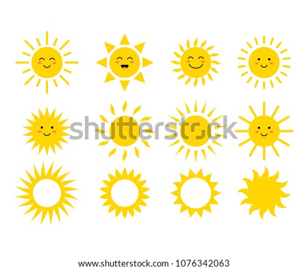 Set of the suns. Cute suns. Yellow faces. Emoji. Summer emoticons. Vector illustration isoalted on white background.