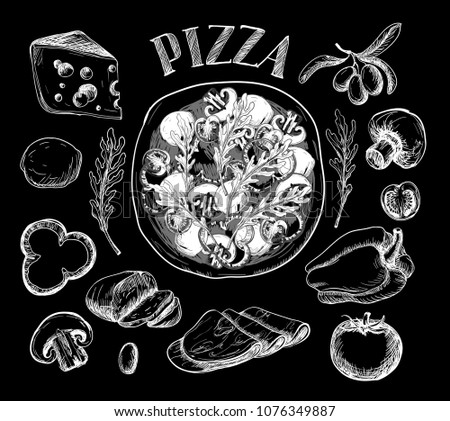 Ingredients for pizza such as olives, tomato, mushrooms, mozzarella, arugula, ham, cheese, pepper, drawn in a chalky graphic style.