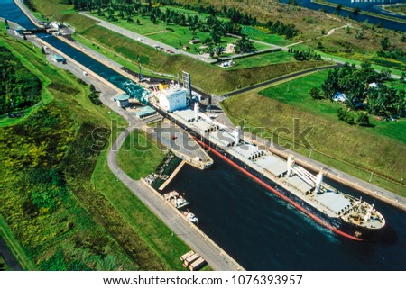 Aerial image of St. Lawrence Seaway, Ontario, Canada Royalty-Free Stock Photo #1076393957