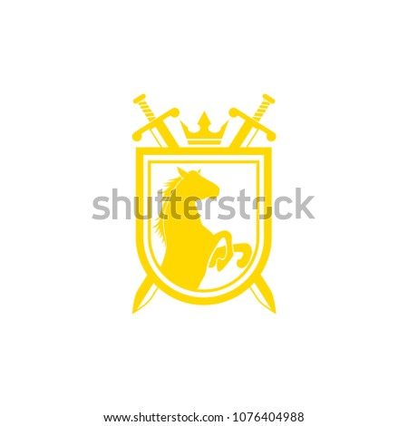 Horse Brand Logo design vector. Retro golden crest with shield and horses. Heraldic logo template. Luxury design concept. Can be used as logo, icon, emblem or banner.