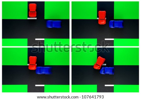 Driver ed classroom board demonstration with toy cars of a crash at a road intersection with accident of a vehicle failing to yield and illegally running a stop sign and auto body damage
