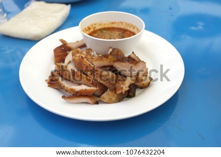 Picture for  thai food catalogs menu , Charcoal-boiled pork neck or Northeastern Thai style grilled pork with spicy dipping sauce 