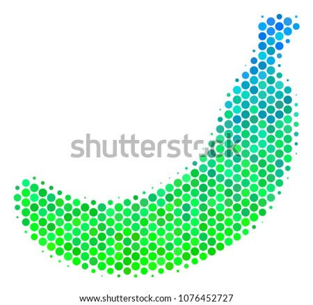 Halftone dot Banana pictogram. Icon in green and blue color tinges on a white background. Vector concept of banana icon designed of circle pixels.