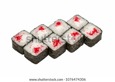 Japanese cuisine, sushi rolls on white background isolated, close-up.