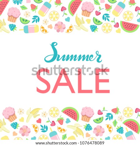 Hand sketched Summer sale typography lettering poster with summer day food elements clip art set on the background. Hand drawn banner, card template. Calligraphy letters design, vector illustration.