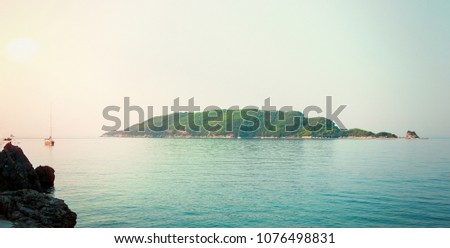 Panoramic Nature seascape Montenegro, Europe. Beautiful view of the famous St. Nicholas Island in Adriatic sea in summer sunny morning. Budva Riviera. Wide Horizontal Wallpaper