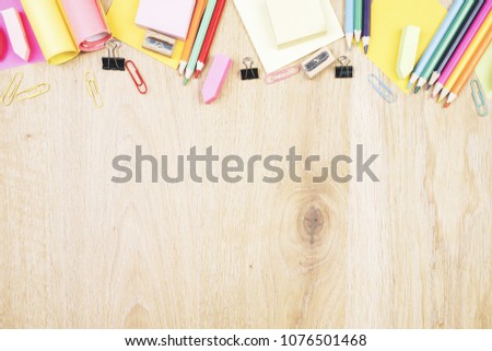 Working wooden office workplace with supplies and copy space. Mock up, Above view and close up 