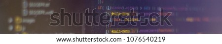 Banner of Software developer programming code. Abstract computer script code. Programming Work Time. Programmer Typing Lines HTML Code.
