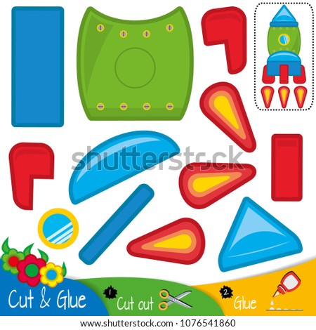 Multicolor rocket with a fire from a working engine. Spaceship. Education paper game for preshool children. Vector illustration.