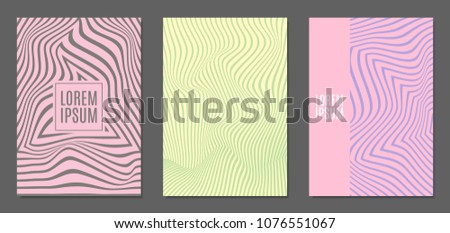 Abstract Backgrounds with Distortion of Geometric Shapes. Trendy Covers with Text and Gradient for Brochure, Magazine, Presentation, Book. Cover Design Templates Set with Wavy Stripes in Modern Style