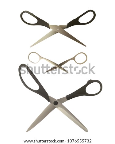 A set of scissors of different types. Vector illustration. Tools for tailor, manicure and pedicure, paper and office.
