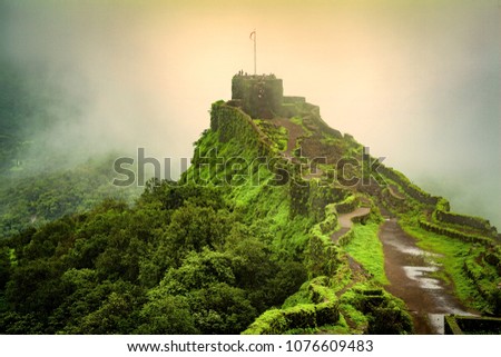 View of Shivaji's pratapgarh fort near mahabaleshwar, maharashtra, india. Royalty-Free Stock Photo #1076609483