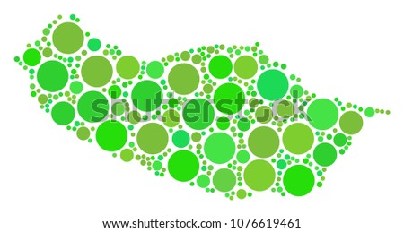Portugal Madeira Island Map composition of randomized filled circles in various sizes and green shades. Vector filled circles are combined into portugal madeira island map illustration.
