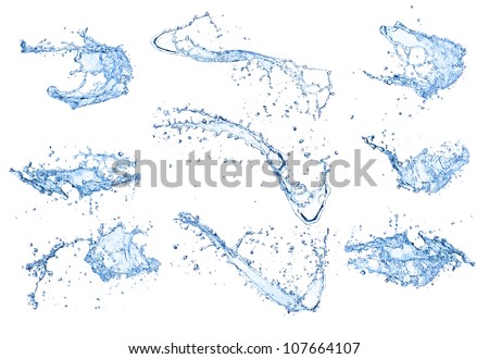 High resolution water splashes collection, isolated on white background