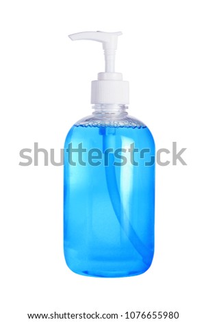 Liquid Hand Sanitizer Soap in Plastic Dispenser on White Background
