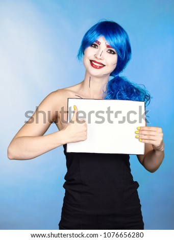 Portrait of young woman in comic  pop art make-up style.  Female with paper in hands.