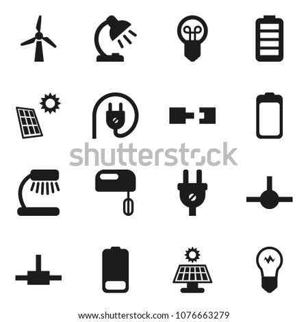 Flat vector icon set - table lamp vector, battery, connect, connection, solar panel, windmill, power plug, mixer, bulb