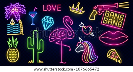 Set of fashion neon sign. Night bright signboard, Glowing light banner. Summer logo, emblem. Club or bar concept on dark background. Editable vector. Pink Flamingo cactus lips pizza cocktail pineapple