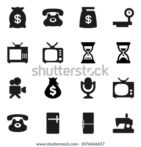 Flat vector icon set - money bag vector, sand clock, phone, big scales, tv, video camera, microphone, classic, fridge, sewing machine