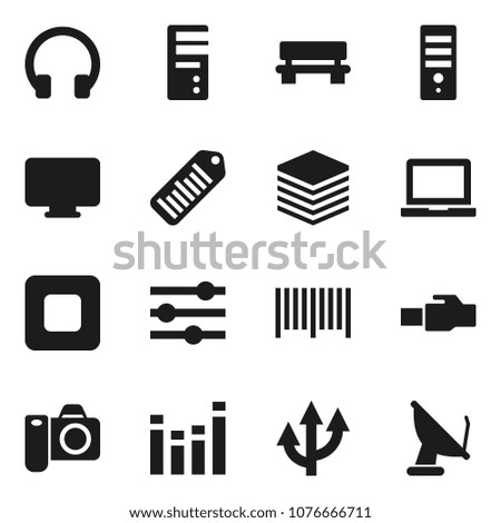 Flat vector icon set - notebook pc vector, barcode, equalizer, headphones, stop button, big data, lan connector, bench, route arrow, monitor, camera, computer, satellite antenna