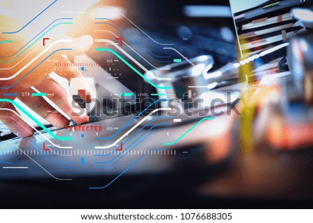 Data Security system Shield Protection Verification concept.Doctor hand working with stethoscope and laptop computer digital tablet with dashboard interface